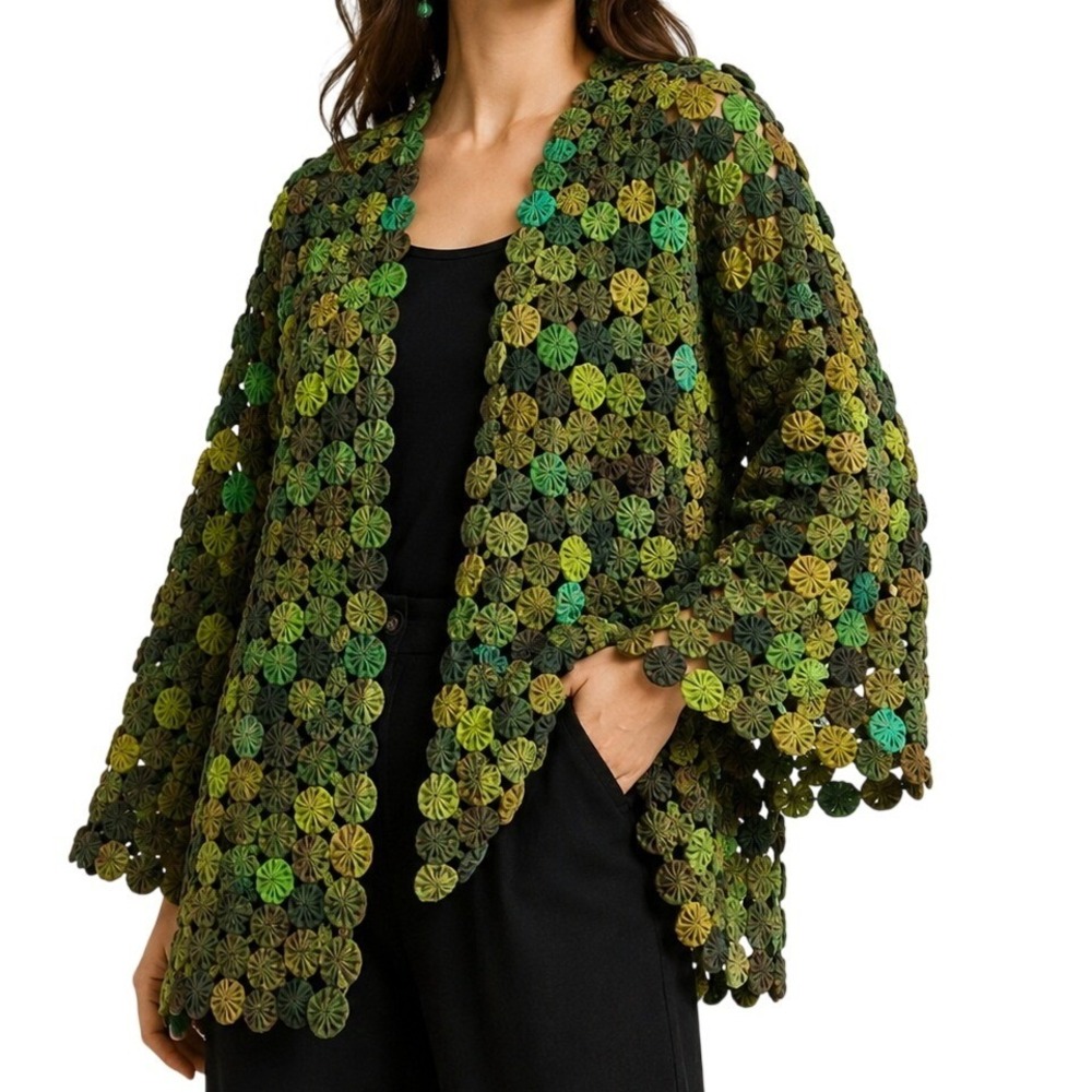 Vtg‎ Laise Adzer 100% Silk Yo-Yo Quilt Cardigan Green Art to Wear Lagenlook Boho